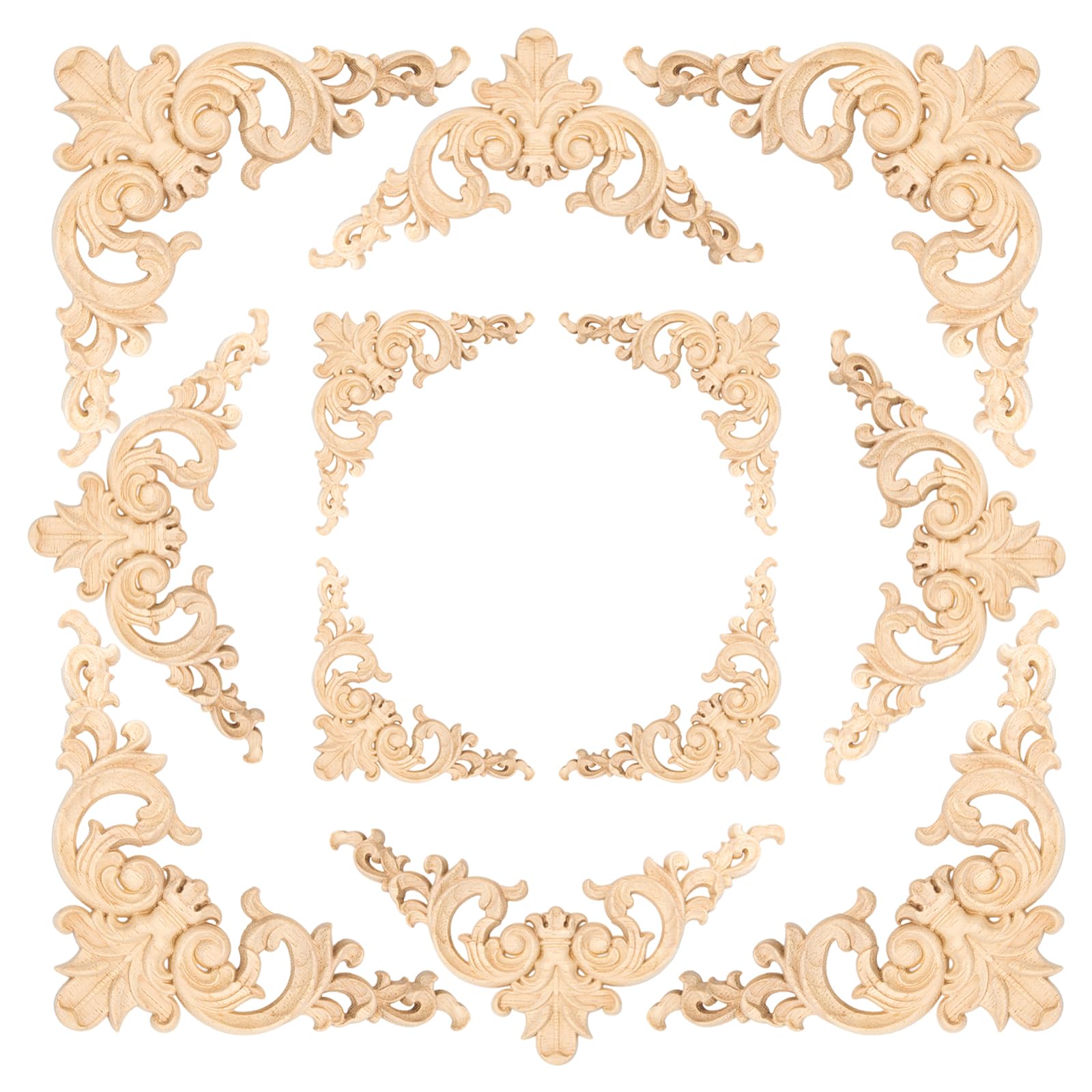 12 Pcs Wood Mouldings Decorative, 3 sizes Corner Wooden Appliques Mouldings for Furniture Decorative 3D Wood Carved Appliques onlays Long for Cabinets Bedroom Door Windows Fireplace, Unpainted for DIY