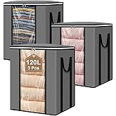 boailydi 120L Extra Large Blanket & Clothes Storage Bags for Bedding & Comforters & Pillow–Foldable Thick Waterproof Fabric with Clear Window,Dual Zippers & Sturdy Handles,3 Pack Seasonal Organization