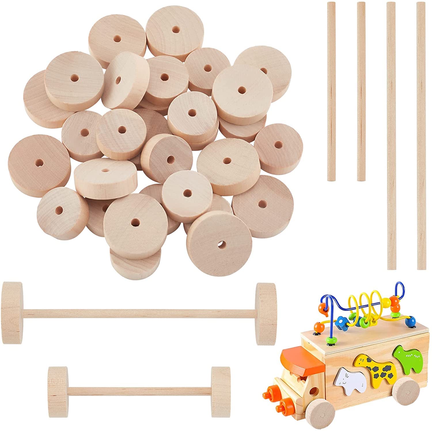 OLYCRAFT 32pcs Wood Craft Wheels with 32Pcs Wooden Sticks 1.1 & 1.4 Inch Unfinshed Wooden Wheels Wooden Craft Wheels with 0.2” Holes for DIY Model Cars Wooden Crafting Projects