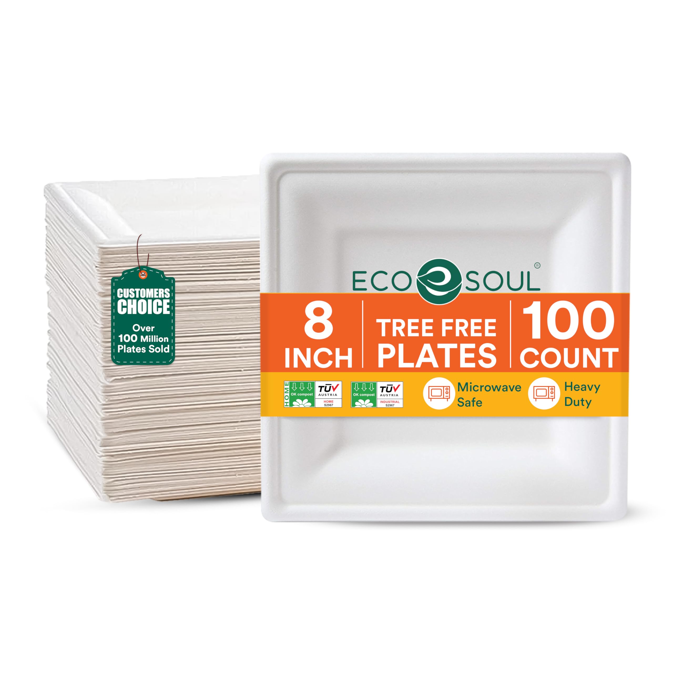 ECO SOUL White Paper Plates 8" Square 100 Count| Compostable Biodegradable Bagasse Plate Heavy-Duty Eco-Friendly Dinner Plates I Disposable Plate for Parties & Event
