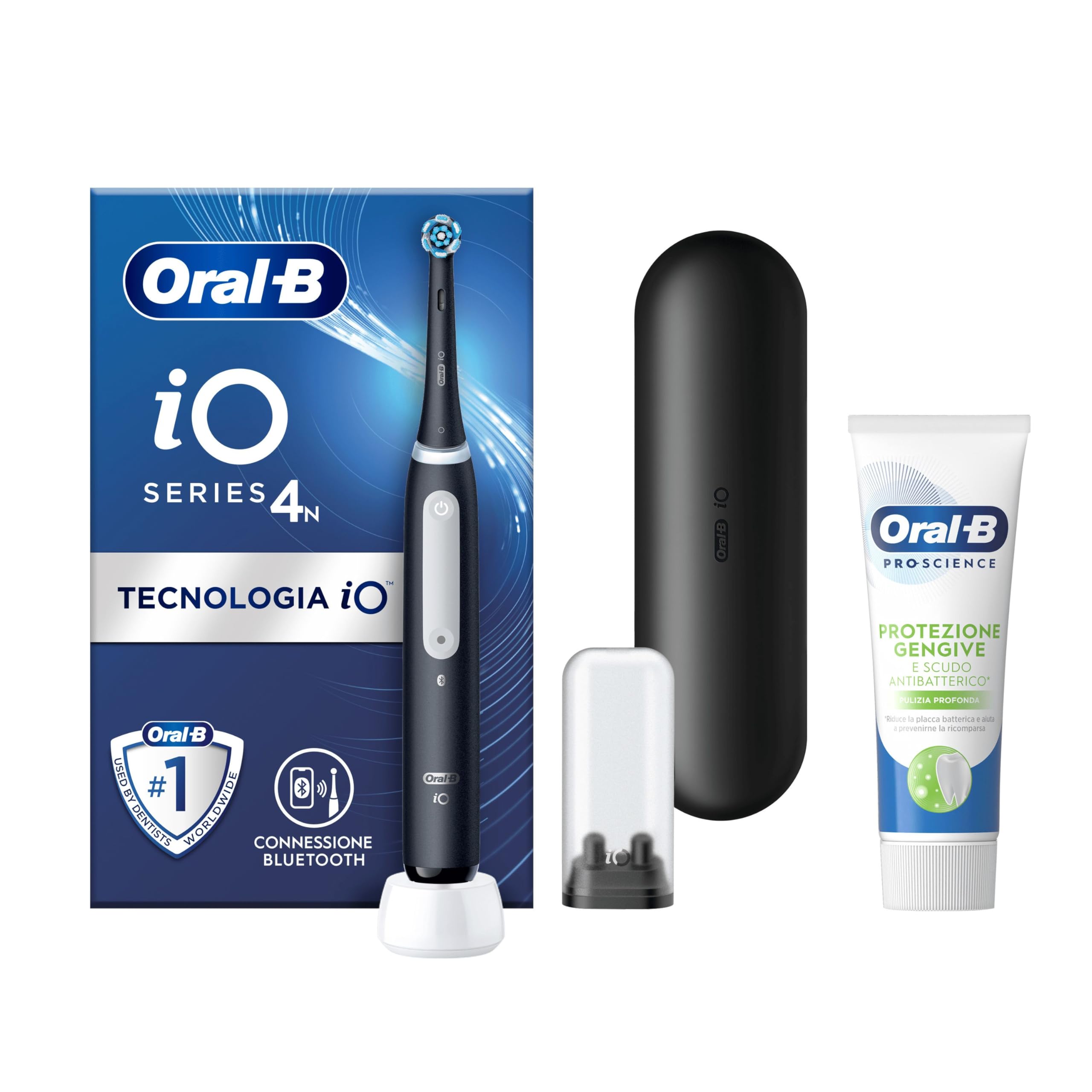 Oral-B Spazzolino Elettrico Ricaricabile iO 4 Nero, 1 Testina Di Ricambio, 1 Custodia Da Viaggio +Dentifricio Oral B Pro-Science Protezione Gengive Pulizia Profonda 75ml