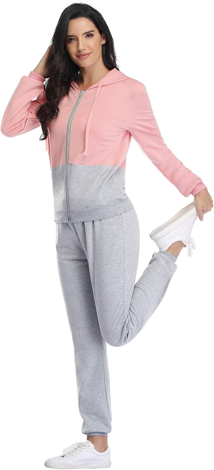 Aibrou Women's Casual 2pc Hooded Sweatsuit Color Block Tracksuit Set Full Zip Sweatshirts & Pants Set: Clothing