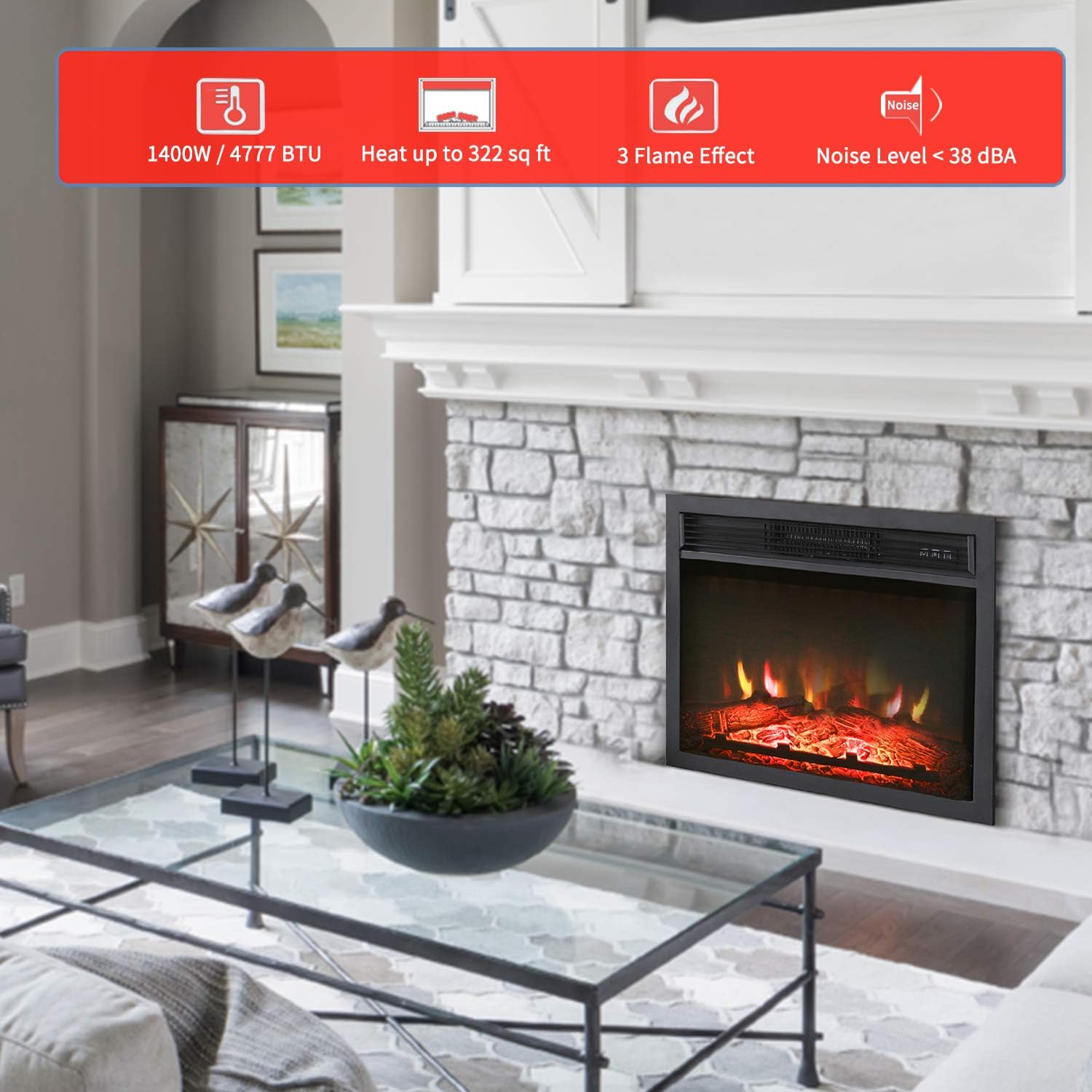 PatioFestival 24 Inch Electric Fireplace Insert 1400W Embedded