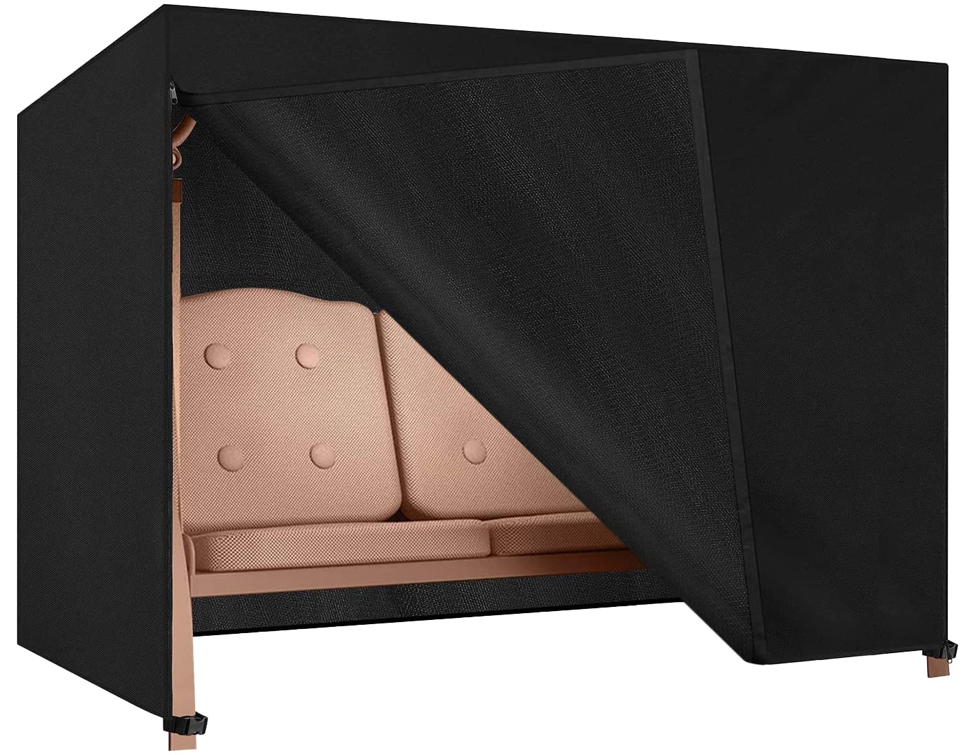 Dokon 4 Seater Garden Swing Covers Waterproof Heavy Duty Oxford Fabric Outdoor Swinging Chair Cover Windproof Anti-UV Patio Garden Hammock Cover with Zips (250x150x160cm) - Black