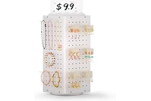 Urban Deco 360° Rotating Pegboard Display Stand with Signage, 4-Sided Spinning Peg Board Stand with 24 Hooks for Jewelry, Earring & Keychain Holder Displays for Craft Shows & Vendor Events (White)