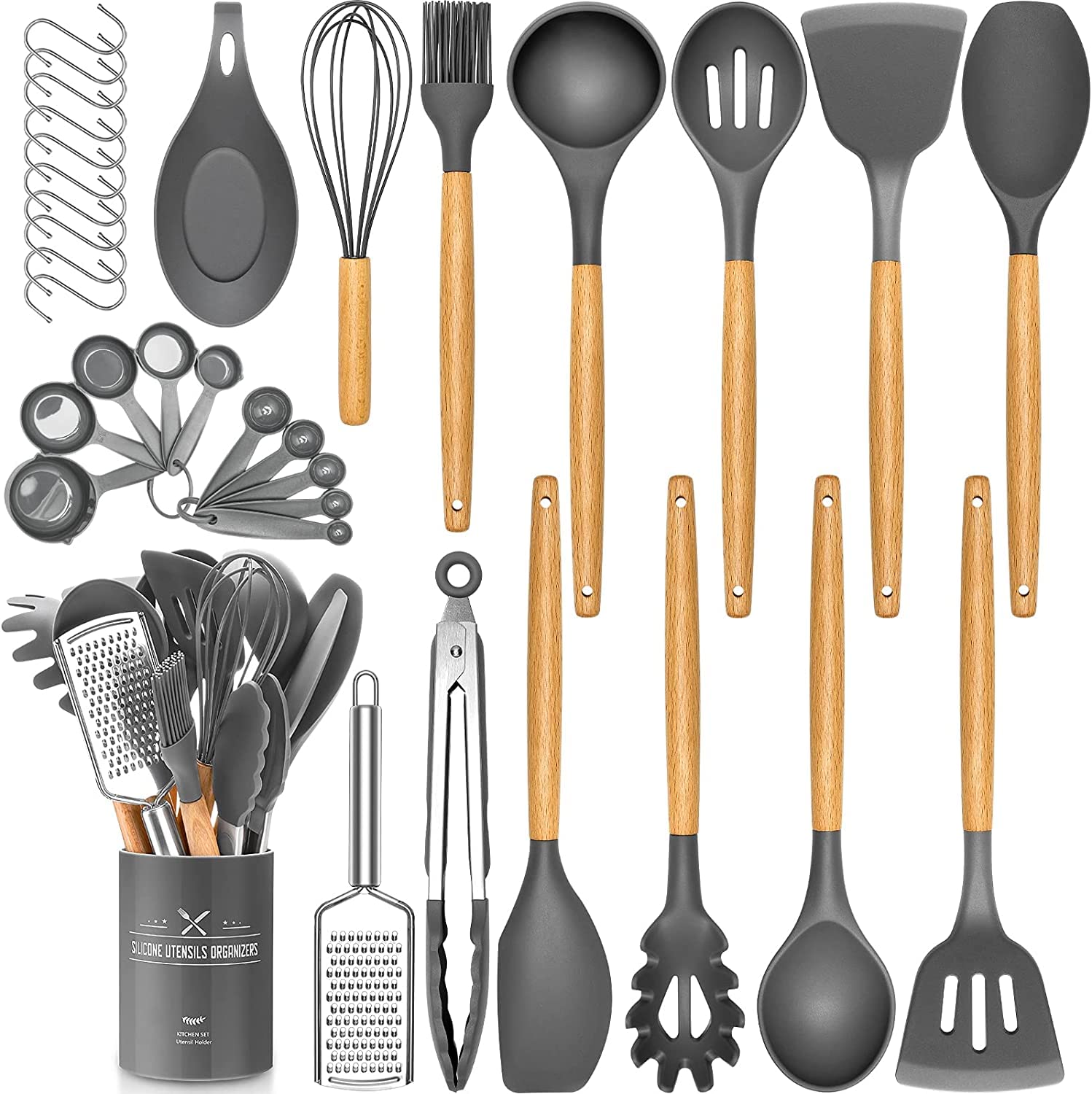 34 PCS Silicone Kitchen Cooking Utensils Set, Heat-Resistant Utensil Set with Premium Stainless Handles for Cooking and Baking, Non-Stick Spatula Kitchen Gadgets Cookware Set (Grey)