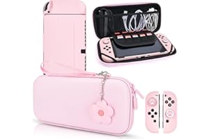 DLseego Pink Switch OLED Case Gradient Carrying Case with 10 Slots Cute Protective Dockable Hard Shell with 4PCS Glitter Cat 