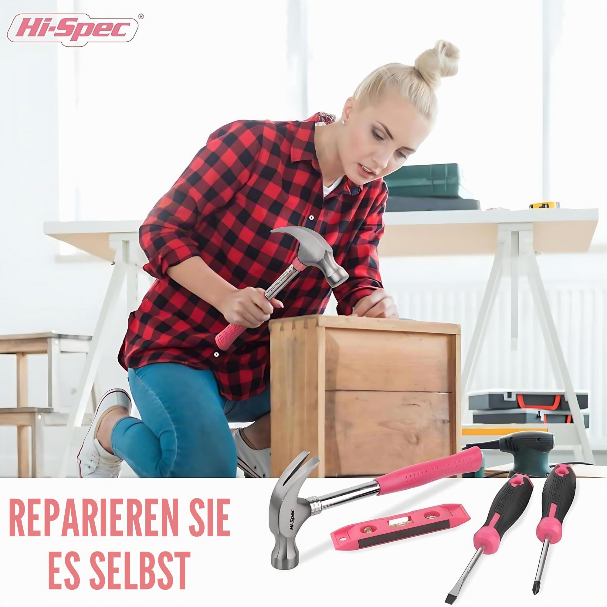 Hi-Spec Werkzeugset mit Koffer, Hammer, Bits und Maßband, Pink 5