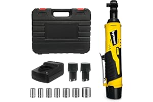 byczone 3/8” Cordless Electric Ratchet Wrench, 12V Power Socket Wrench, Cordless Power Ratchet Set with Variable Speed, LED Light, 7 Sockets, 2 Li-Ion Batteries, 1 Charger Adaptor
