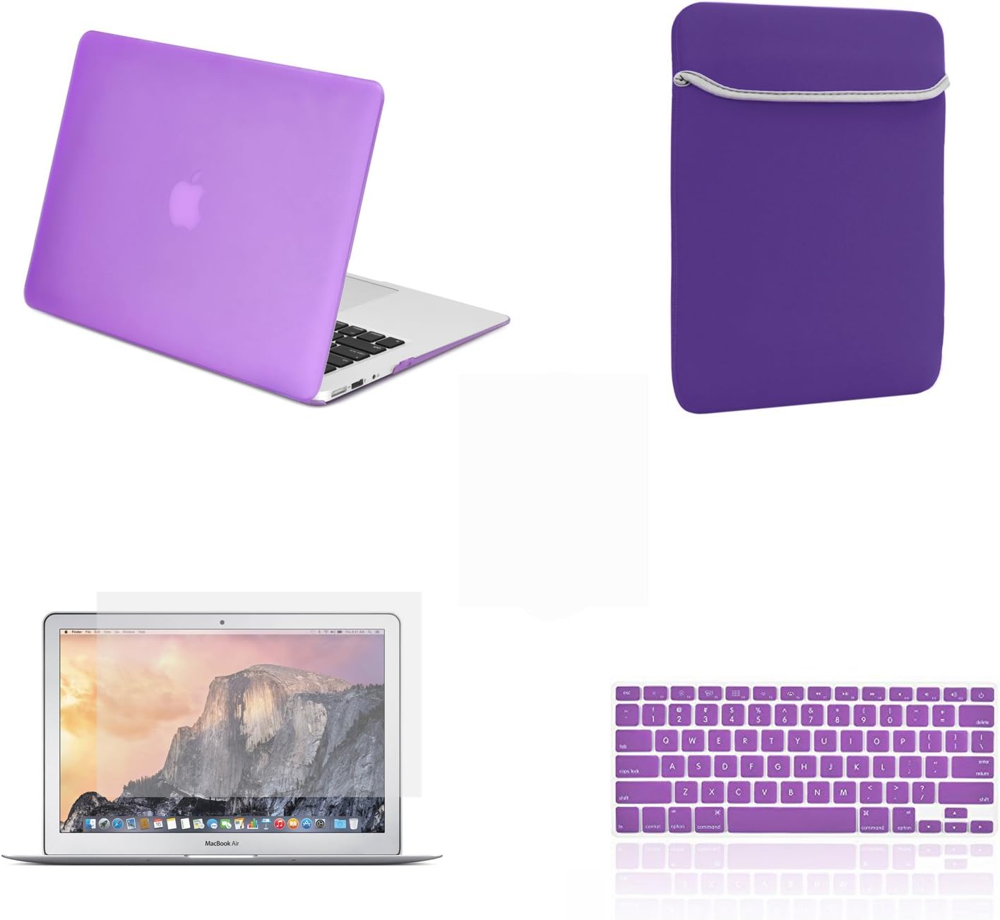TOP CASE - 4 in 1 Essential Bundle Rubberized Hard Case, Keyboard Cover, Screen Protector, Sleeve Bag Compatible MacBook Air 13" Model: A1466 & A1369 (Older Version, Release 2010-2017) - Purple