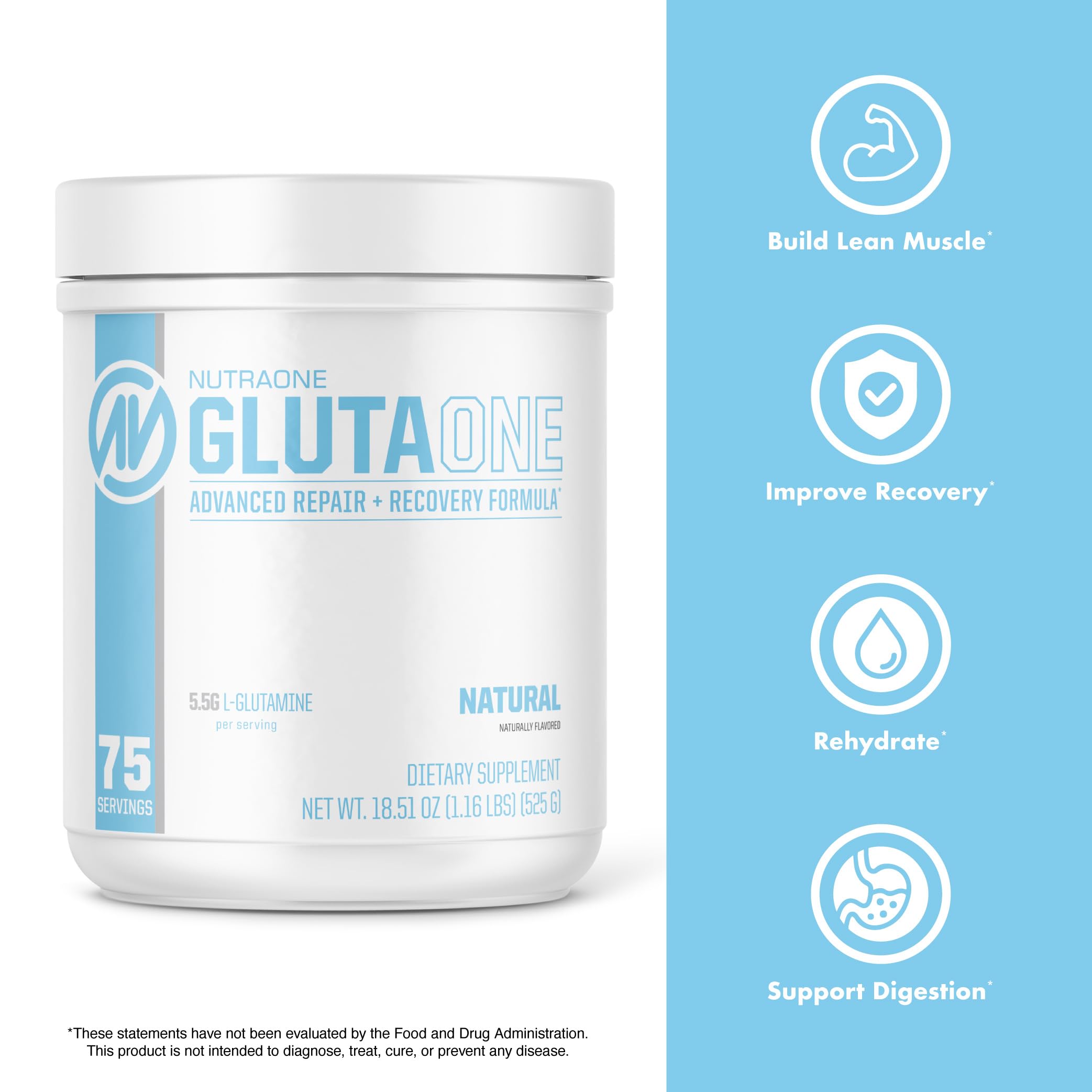 NutraOne GlutaOne L-Glutamine Powder Post Workout Recovery Supplement (75 Servings)