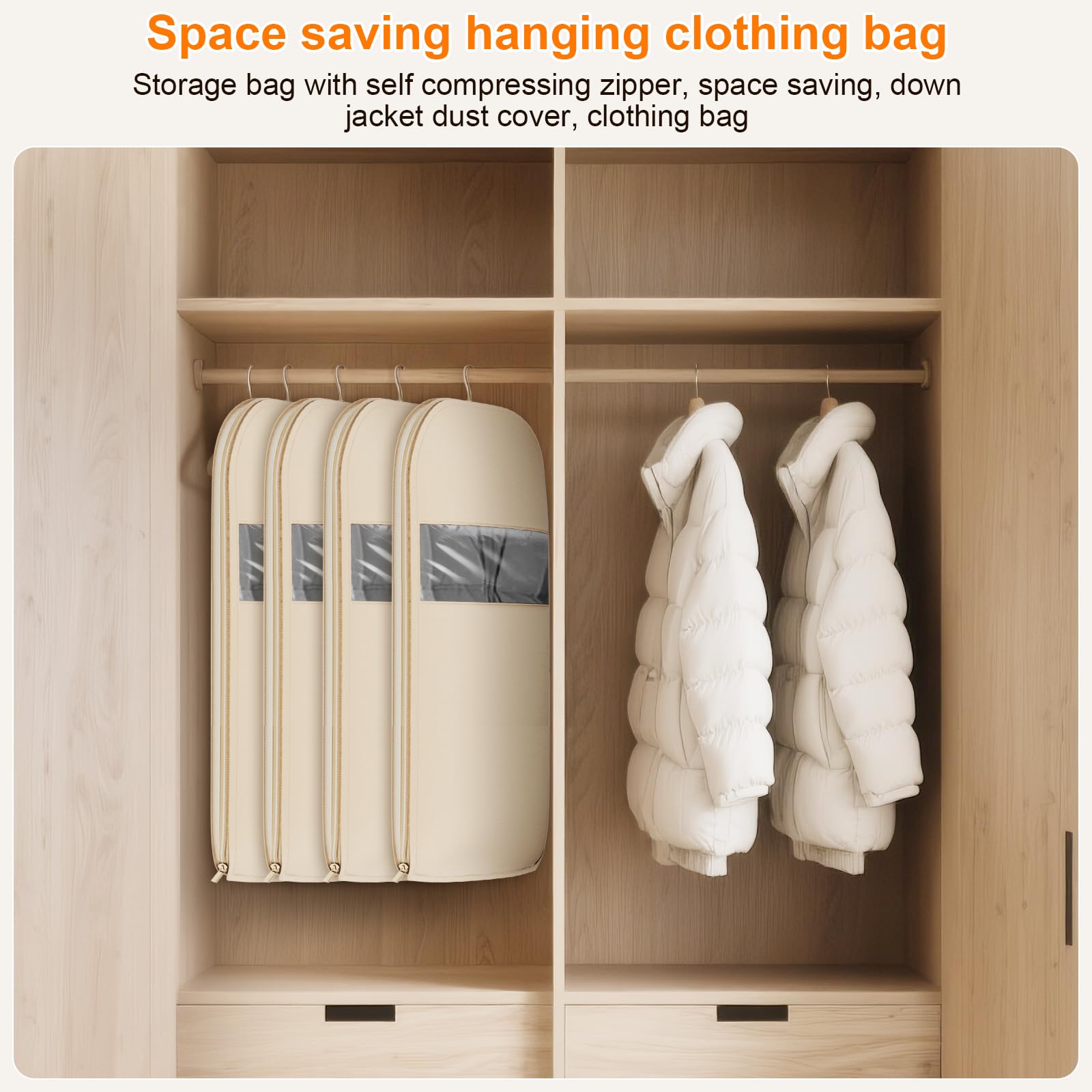 Space Saving Hanging Garment Bag with Self Compression Zipper, Thick Dustproof Garment Bags for Hanging Clothes, Space Saving Garment Bags with Compression Zip Technology (Beige, 44 * 23 * 6IN)