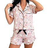 Halloween Women Print Pajama Sets Button Down V-neck Short Sleeve Top Elastic Waist Ruffle Trim Shorts Sleepwear
