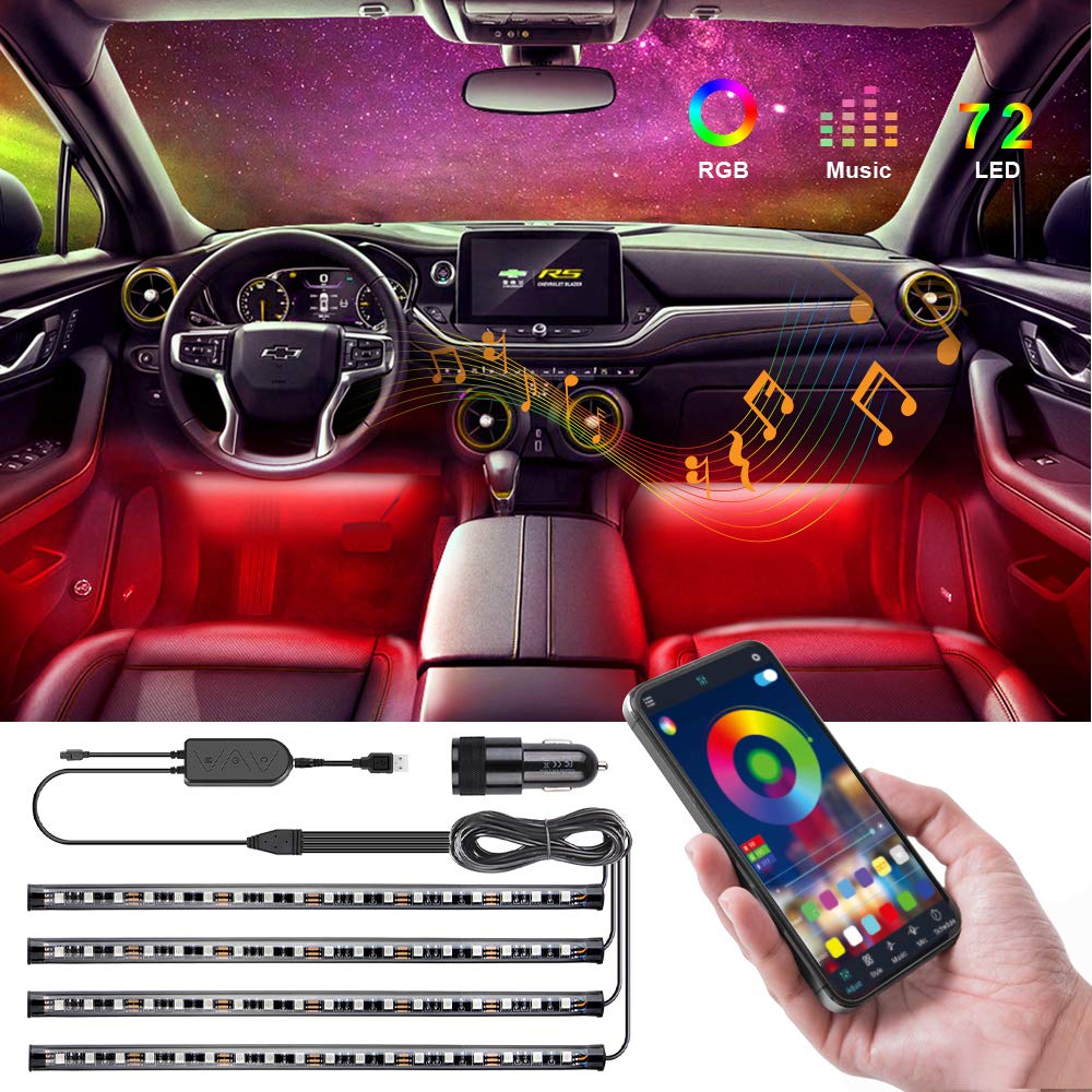 Car LED Interior Lights, 72 LED DC 12V Car Strip Lights, Car Accessories Interior Lighting, Multicoloured Led Atmosphere Lights 4pcs with Bluetooth