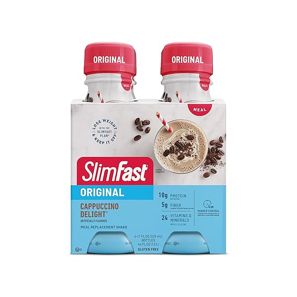 SLIMFAST MEAL REPLACEMENT SHAKE, ORIGINAL CAPPUCCINO DELIGHT, 10G OF READY TO DRINK PROTEIN FOR WEIGHT LOSS, 11 FL. OZ BOTTLE, 4 COUNT (PACKAGING MAY VARY)
