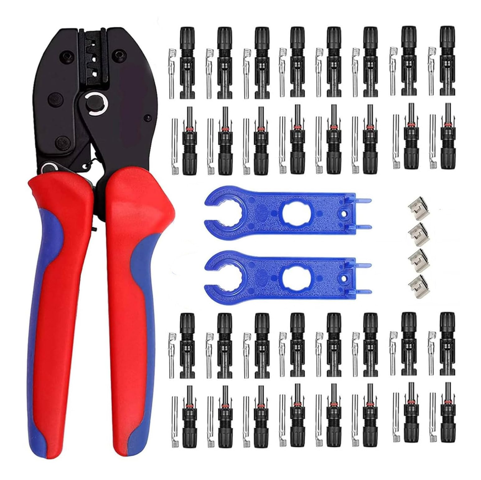 QeeHeng Solar Crimping Tool Kits, for 2.5/4.0/6.0mm² Solar Panel PV Cable, 1 Solar Crimper, 32pcs Male Female Solar Panel Connectors, 2 Straight Wrenches, 35 PCS Solar Panel Wiring Kits