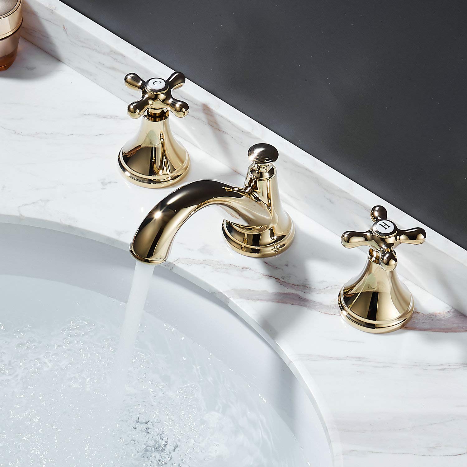 3-Hole Bathroom Sink Mixer Tap Gold Polished 2-Handle Widespread Basin Tap Mixer