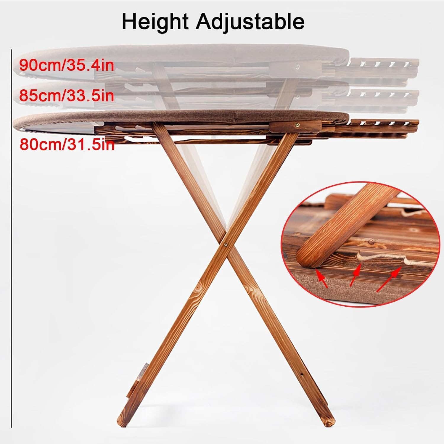 RNQZ Ironing Board, Wooden Ironing Boards, Foldable Standard Size, Adjustable Height, with Foam Pad and Cotton Cover, for Home, Office & Dormitory,Brown