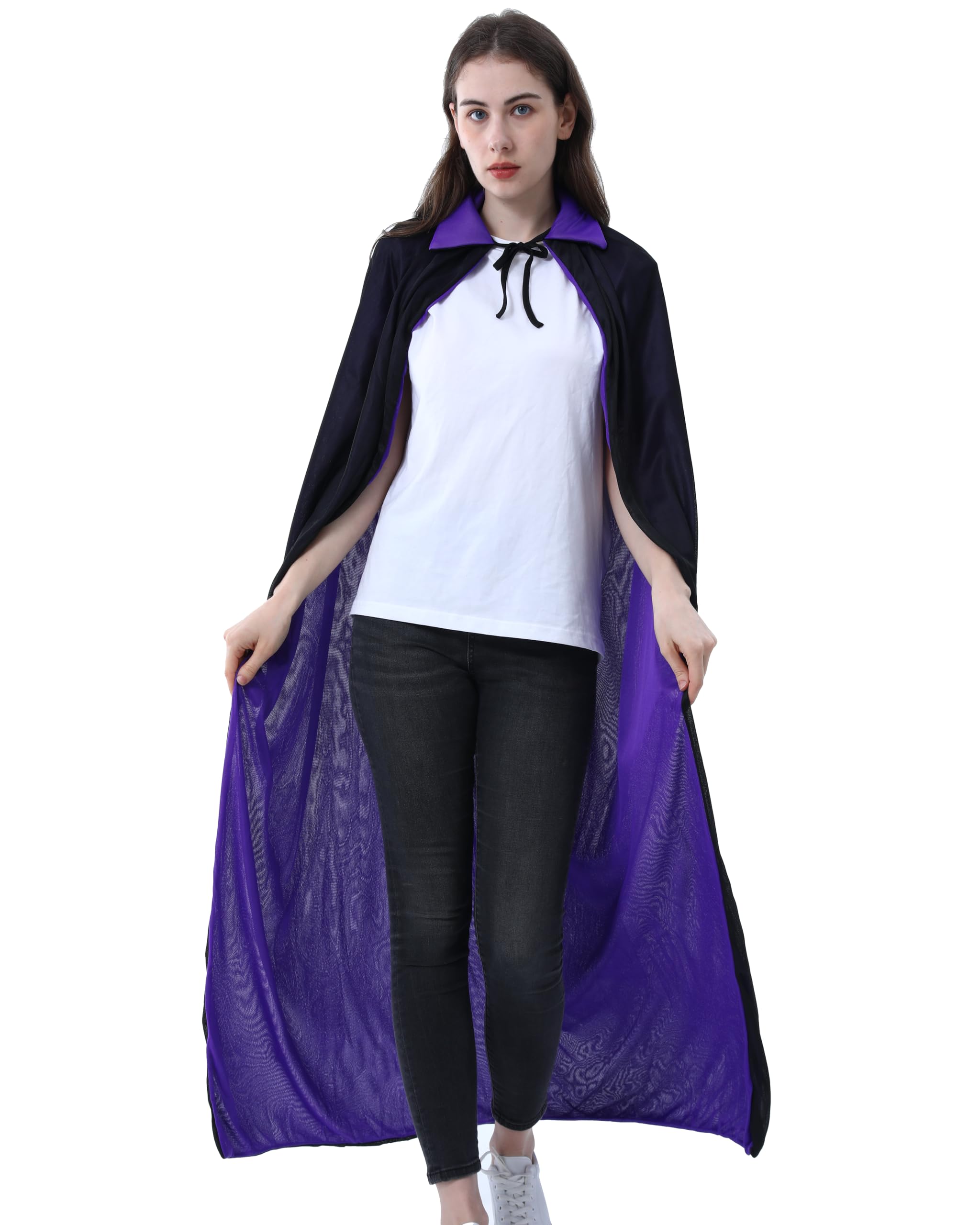 LIKPOJA Halloween Reversible Red & Black Vampire Cloak with Hood Magic Robe Costume Stand Collar Cape Purple With Cloak Wizard Cloak for Adult Devil Cosplay(Bl&P S,120cm)