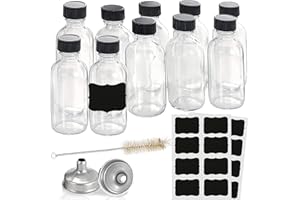 HADATIDO 10pack 2oz Glass Bottles With Caps,Wellness Shot Bottles Sample Bottles for Bourbon Whiskey,liquor,Potion,Oils,Vanilla Extract,Tincture,Hot Sauce,Syrup,Juice,with Funnels,Labels,Brush,No Leakag
