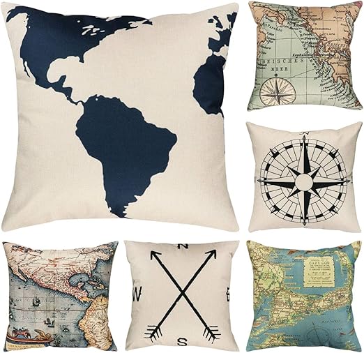 Amazon Com Faylapa 6 Pack Geography Theme Pillow Cases Map Art