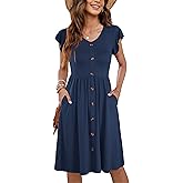 WNEEDU Women Summer Dresses Sleeveless Casual Loose Swing Button Down Midi Dress with Pockets