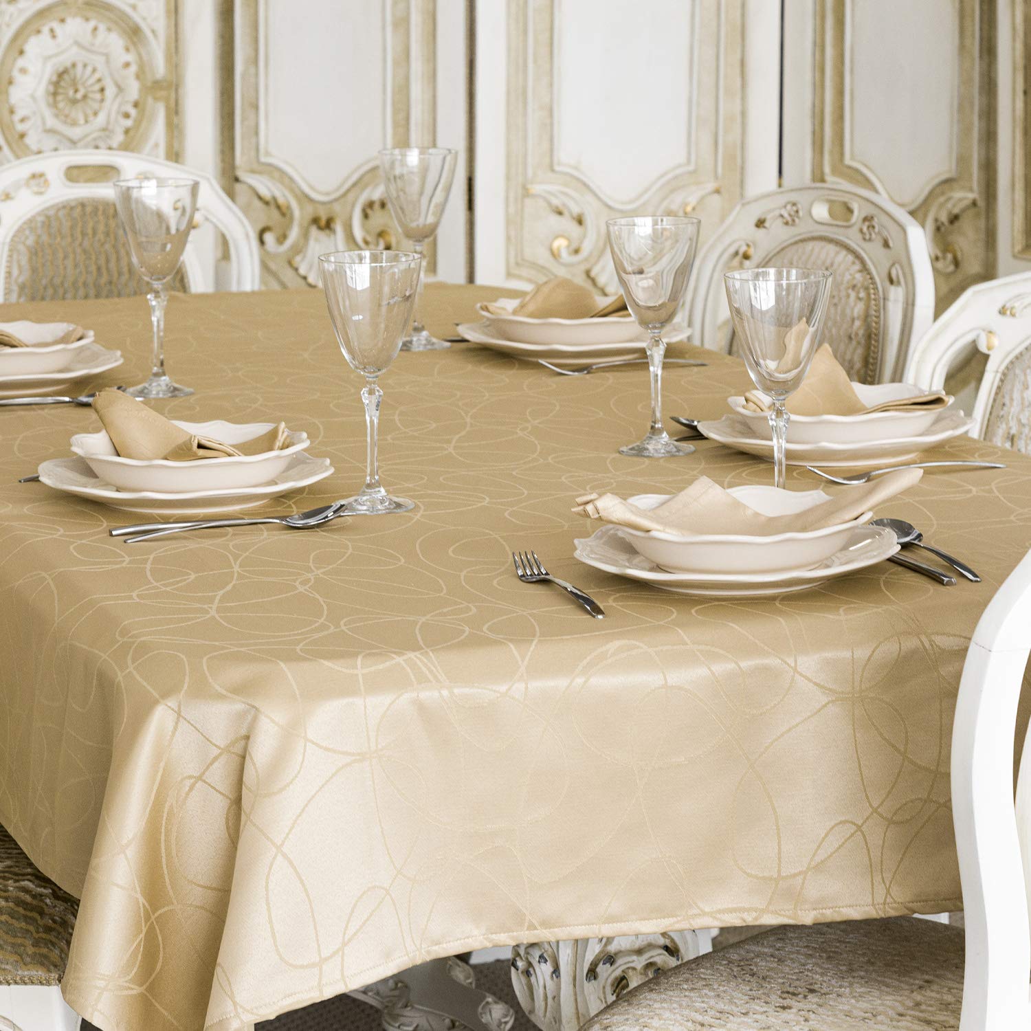 LUXURY BEIGE TABLECLOTH - ANTI STAIN TREATMENT - LARGE SIZES - LINES (59 x 157" (150 x 400cm))