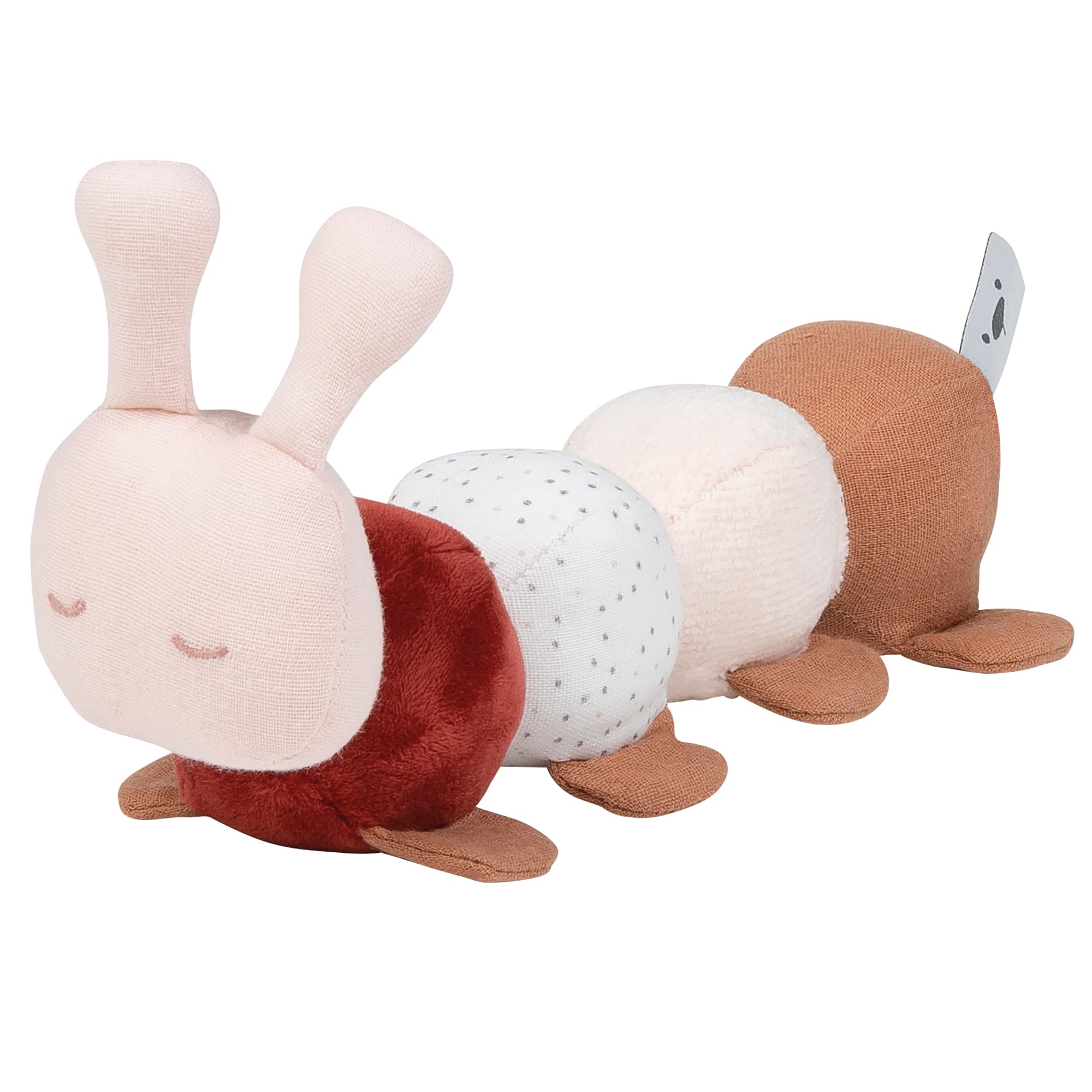 Nattou Pram Toy 4-Activity Plush Caterpillar, Soft Toy, Cuddly Companion, Cotton/Polyester, Machine Washable, PETA-Approved Vegan, 0+ years, 26 cm, Pink and Rust