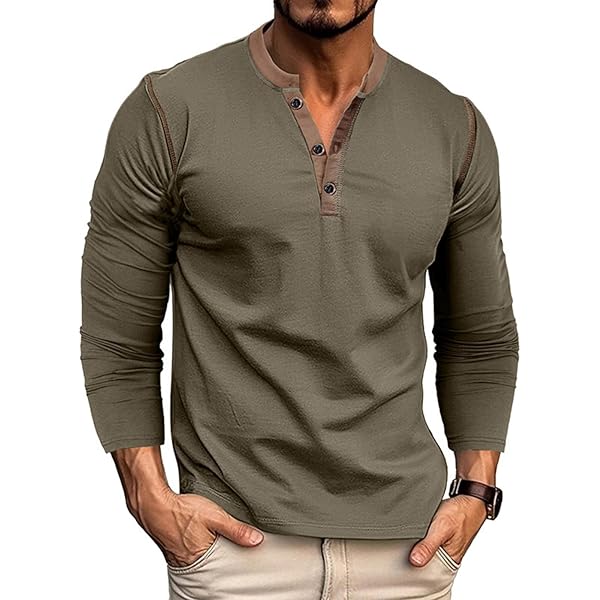 Men's Henry Polo Shirt Long Sleeve Henry Collar Polo Shirt Crew