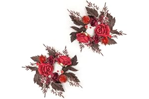 WELL KNOWN 2 Pcs Mini Burgundy & Red Rose Floral Candle Rings Wreaths for Pillars Home Table Window Decor, 9 Inches Artificial Flower Cabinet Wreath for Wedding Party Christmas New Year Valentines Day