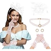 CURASA 4PCS Fascinators Hat for Women Flower Tea Party with Lace Gloves Pearl Necklace Earrings Feather Derby Hat