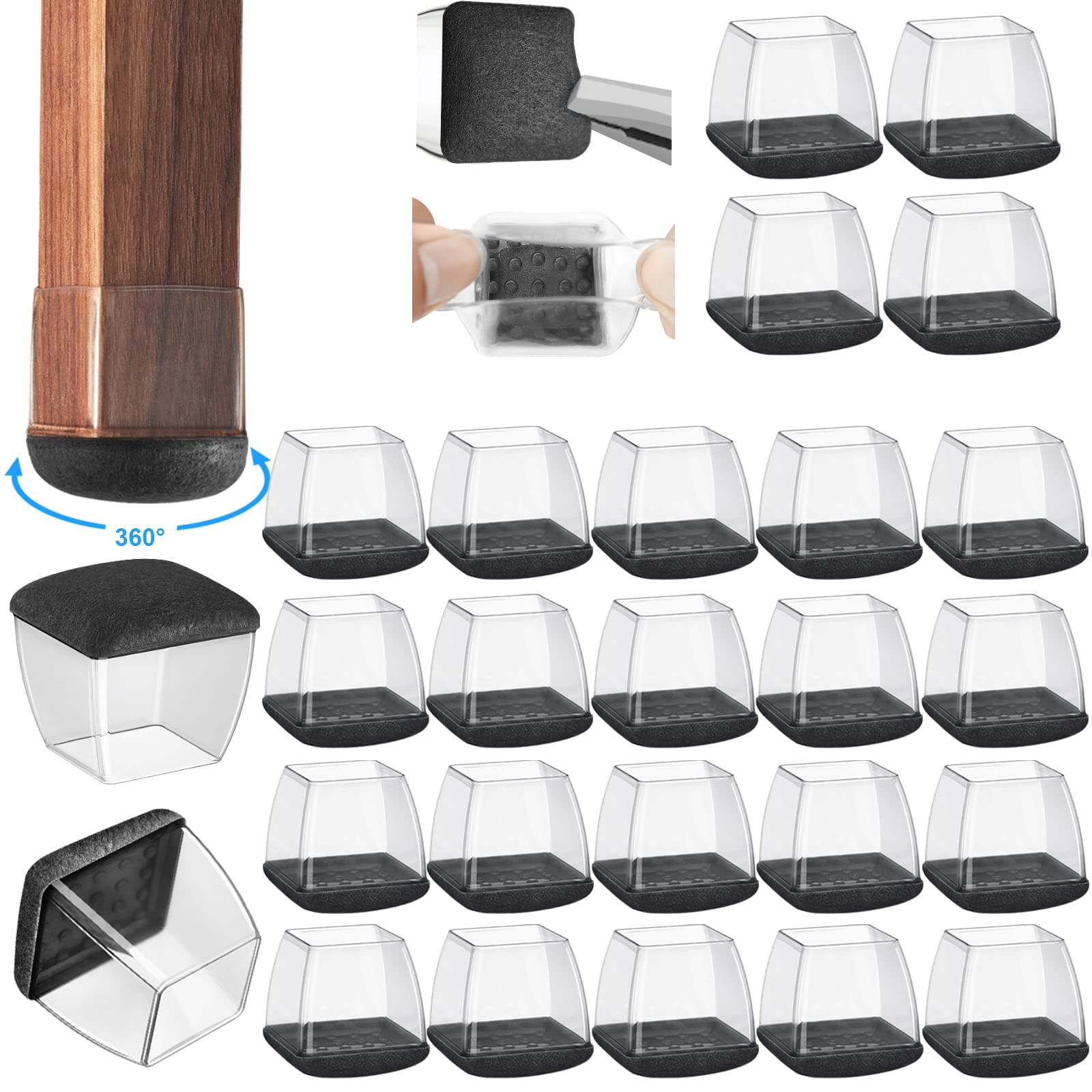 Photo 1 of 24 Pack Chair Leg Floor Protectors for Hardwood Floors - Black Square Furniture Pads, Thickened Silicone Furniture Sliders, Clear Furniture Caps Leg Covers -360° Felt Pads Wrapped(Large)