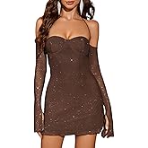 Parthea Women’s Sexy Dress Sequin Sparkly Glitter Dress Off Shoulder Long Sleeve Party Club Going Out Mini Dresses