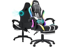 HOFFREE Led Gaming Chair Massage with Speakers Big and Tall Video Game Chair with Footrest for 400lbs Reclining High Back Computer Desk Chair White and Black