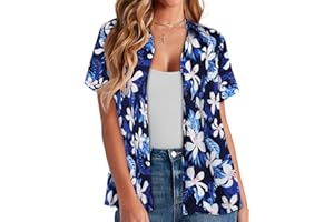 CHICALLURE Womens Hawaiian Shirts Summer Floral Print Shirt Short Sleeve Tropical Tops Casual Button Down Blouse