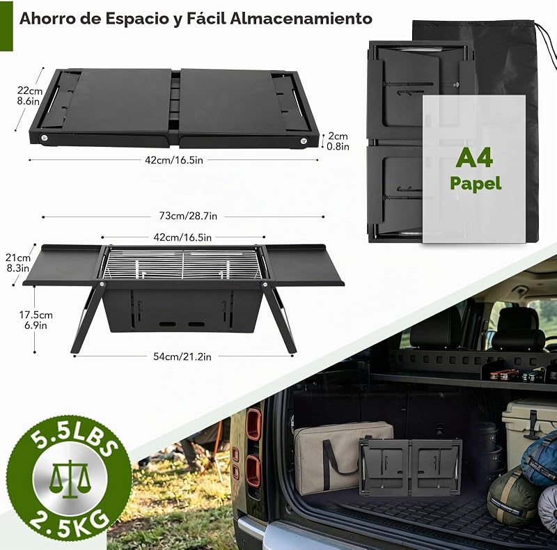 Grelhador portátil a carvão de mesa, mini churrasco dobrável instantâneo com controlo de calor de 3 níveis para campismo e jardim