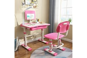 LVYUAN Kids Functional Desk and Chair Set, Ergonomic Height Adjustable Children School Study Desk with Tilt Desktop, Book Stand, LED Light, Metal Hook and Storage Drawer for Boys Girls(Pink)