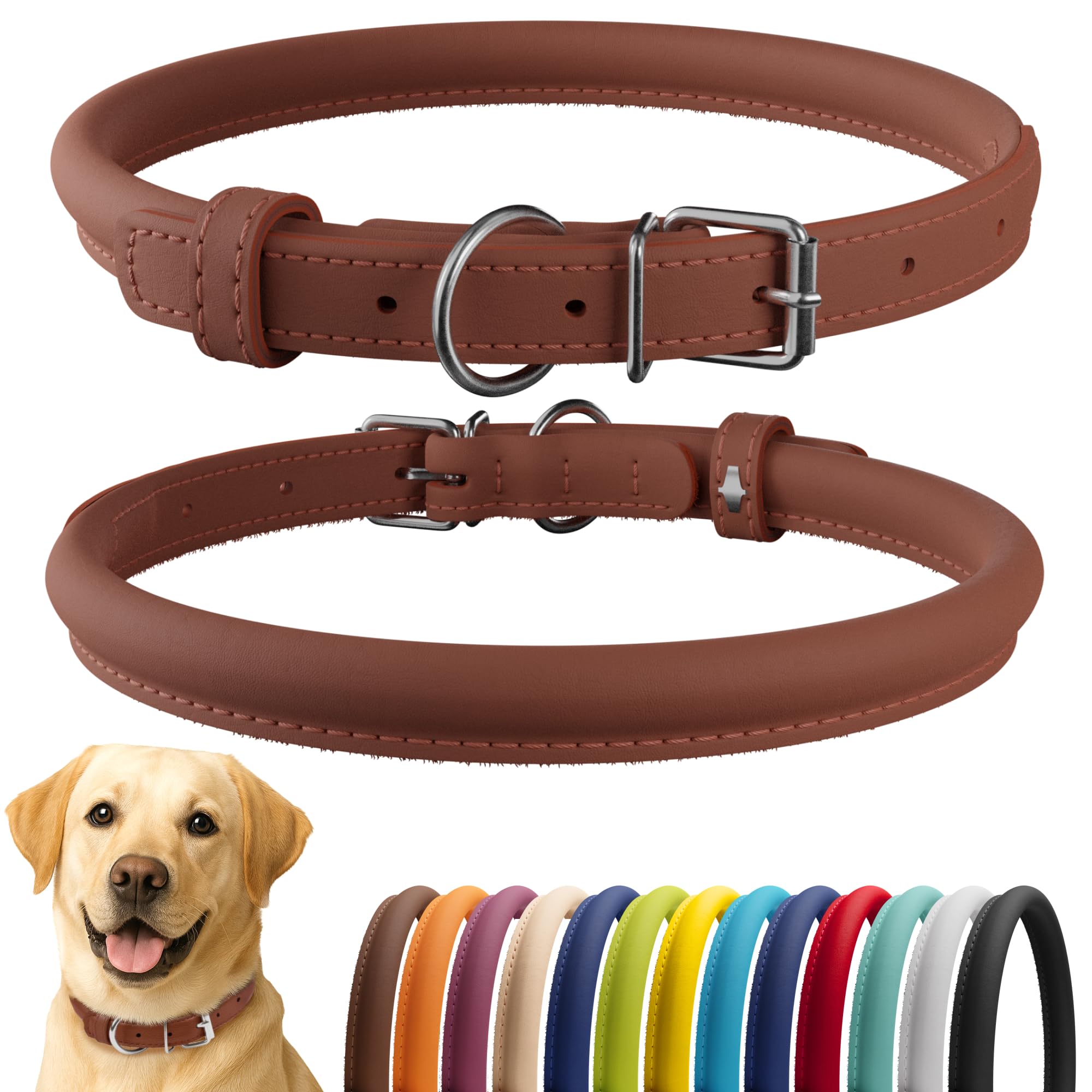 Photo 1 of CollarDirect Rolled Leather Dog Collar, Soft Padded Round Puppy Collar, Handmade Genuine Leather Collar Dog Small Large Cat Collars 13 Colors (15-19 Inch, Cinnamon Smooth)