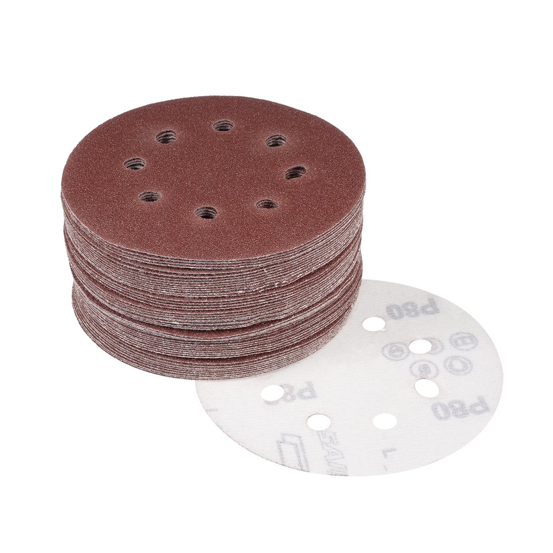sourcingmap 50Pcs 5 inch 8 Hole Hook and Loop Sanding Disc 80 Grit Flocking Sandpaper Random Orbital Sander Paper