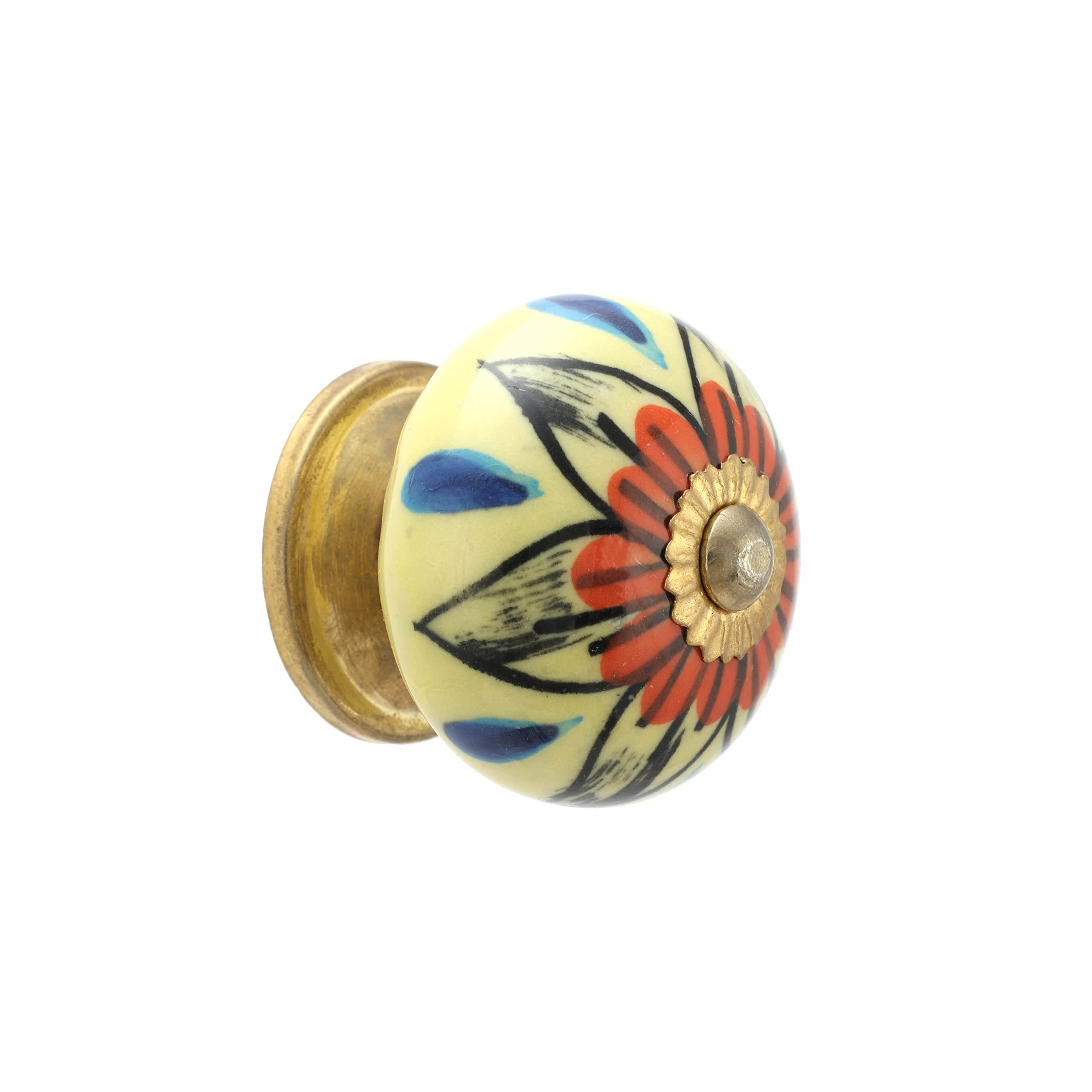 Rasiya Art Floral Ceramic Yellow Knobs Handles - Indian Handmade Cabinet Dresser Pull Handle Kitchen Cupboard Wardrobe Drawer Pulls Boho Furniture Hardware - Pack of 4