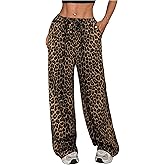 Floerns Women's Drawstring Waist Leopard Print Trousers Tie Front Wide Leg Pants