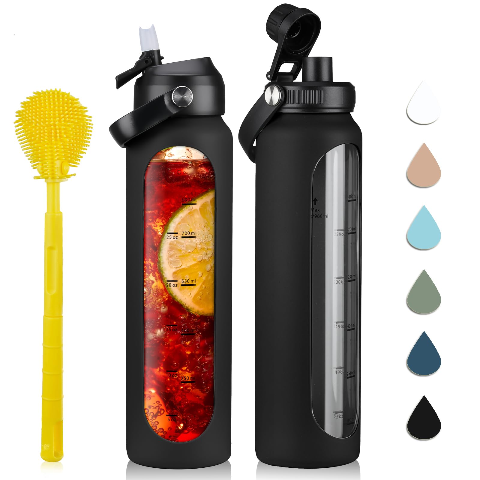 Photo 1 of 32 oz Glass Water Bottles with 2 Lids-Handle Spout Lid & Straw Lid 1 Liter Motivational Borosilicate Water Bottle with Silicone Sleeve and Time Marker,Leakproof