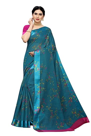 Womens Rama Color Linen Cotton Satin Patta Flower Printed Saree With Blouse Piece (APU RAMA_Free Size)