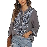 LauraKlein Women's Mexican Embroidered Tops for Women V Neck 3/4 Sleeve Shirts Peasant Casual Loose Summer Tunics Blouse