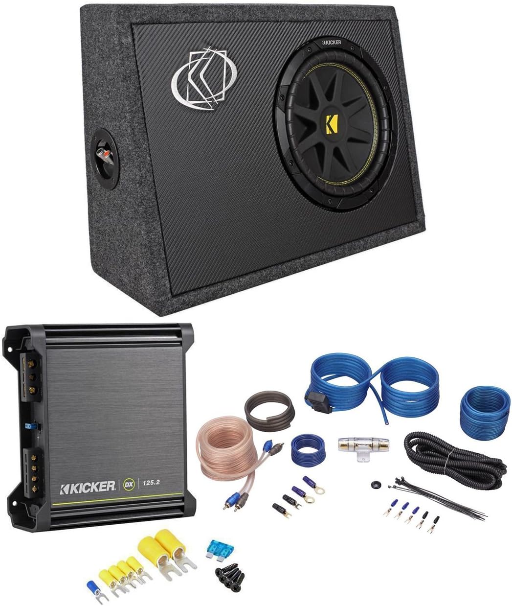 Kicker TC10-4 Comp 10 Car Subwoofer w/ Slim Enclosure+DX125.2 Amplifier+Amp Kit