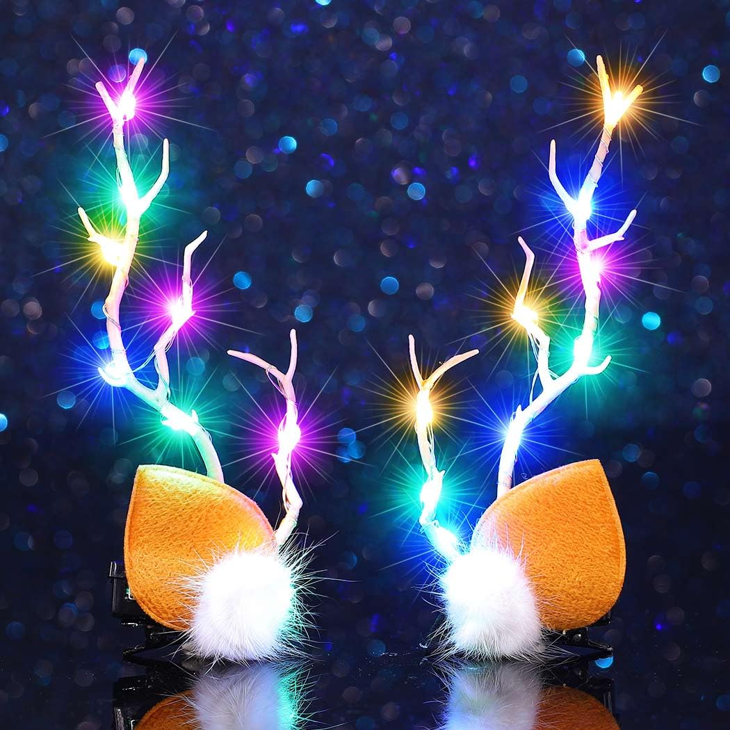 Zoestar Light Up Christmas Hair Clips LED Antler Hair Barrettes Elk Deer Xmas Hair Accessories for Women (Pack of 2)