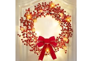 TURNMEON Timer & 8 Modes Prelit Lighted Christmas Wreaths for Front Door, 20 Warm White Lights with Bowknot Artificial Red Berry Christmas Wreath Battery Operated Small Xmas Winter Wreath Home Holiday 18 Inch