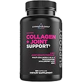 Livingood Daily Collagen + Joint Support, Grass Fed Multi Collagen Peptides I III V X with Hyaluronic Acid, Joint Support Supplement for Women & Men, Hair Skin Nails, Keto & Gluten Free, 120 Capsules