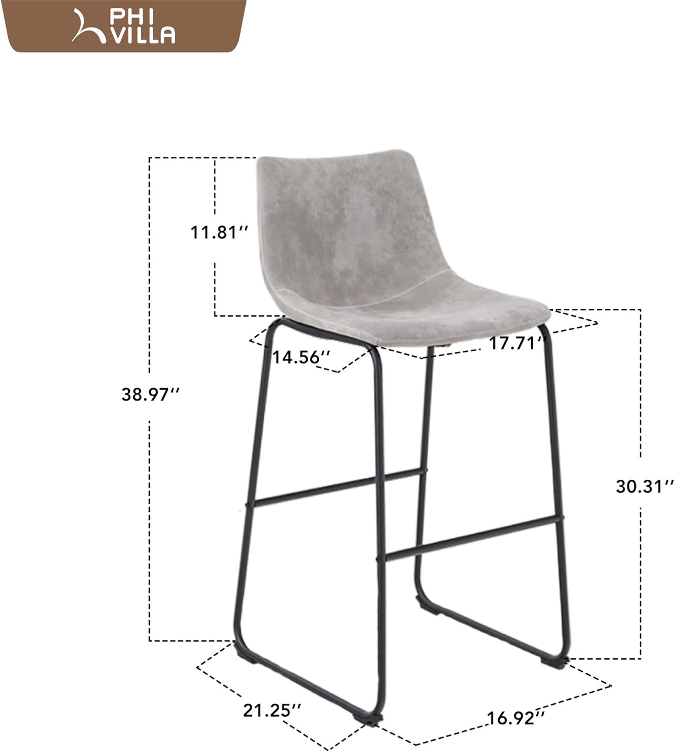 PHI VILLA Bar Stools Set of 2,30 Inches Faux Suede Counter Height Bar Stools with Back for Kitchen,Dining Room and Living Room,Modern Designed Bar Chair Furniture Decorate Every Room,Light Grey: Furniture & Decor