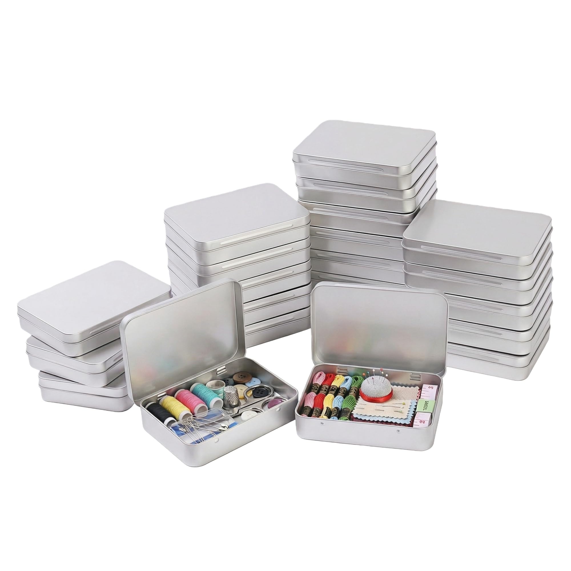 LJY 22 Pack Silver Mini Metal Tin with Hinged Lid 11.5 x 8.5 x 2.2 cm - Rectangular Small Storage Tin Box for DIY Crafts, Survival Kits, Beads and Small Item Organiser Containers